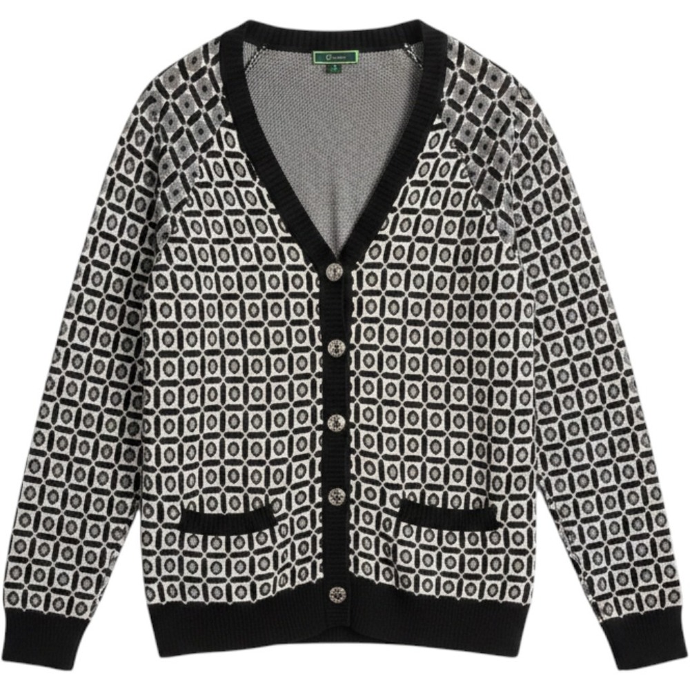C Wonder Women Black White Geometric Tile V-Neck Button Front Cardigan Sweater S